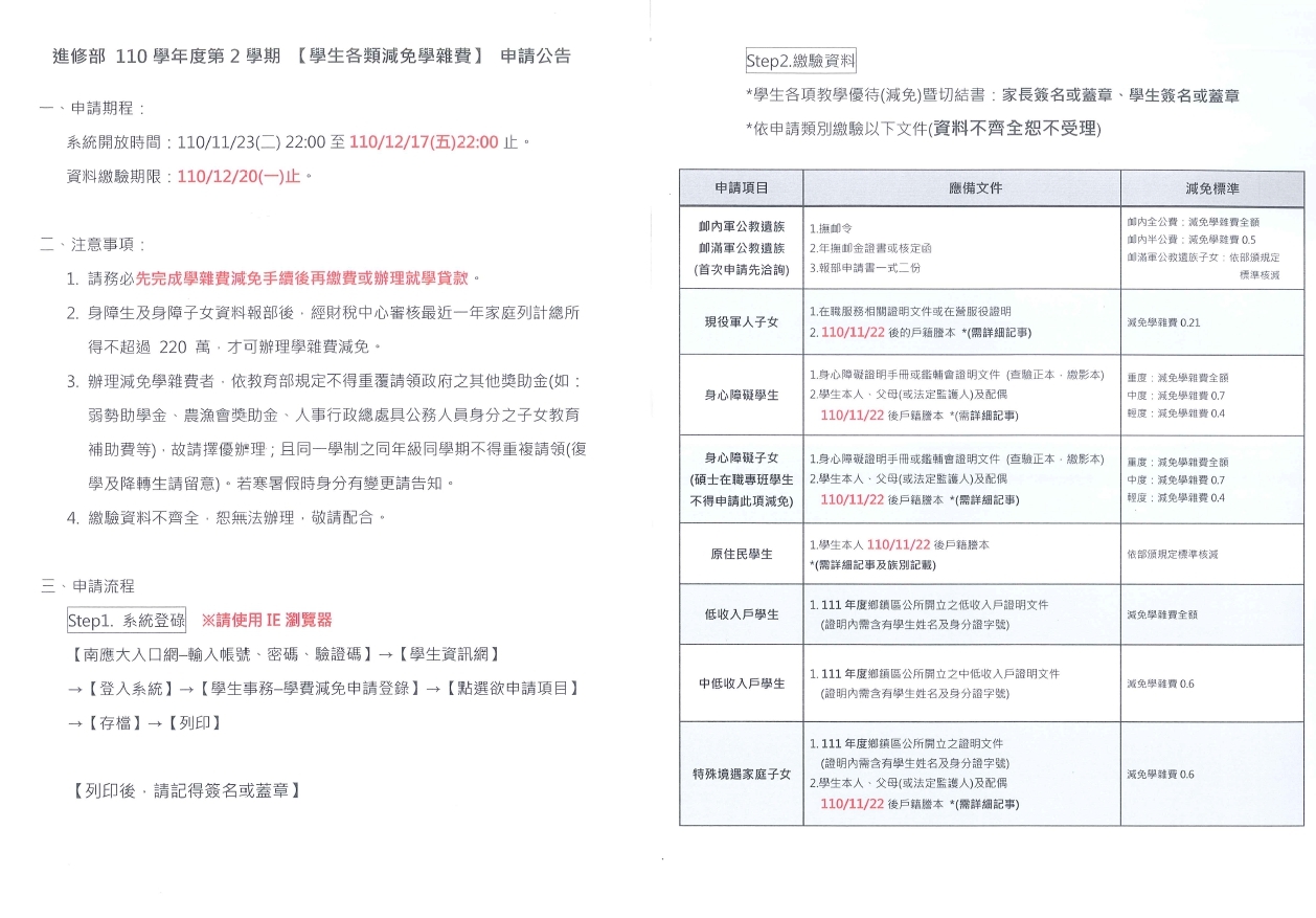 進修部110學年度第2學期『學生各類減免學雜費』申請公告